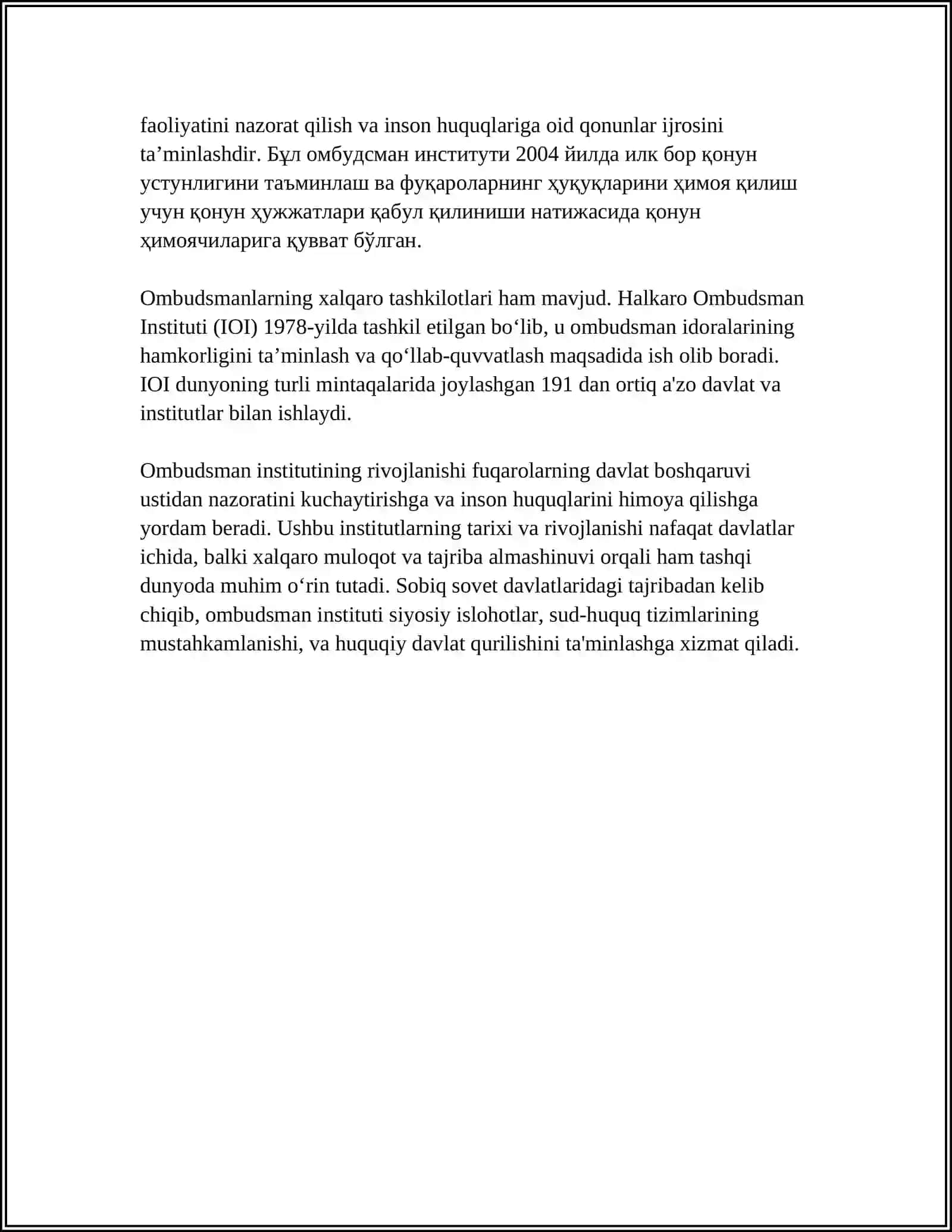 MUSTAQIL ISH Mavzu: O`ZBEKISTON RESPUBLIKASIDA OMBUDSMAN 4