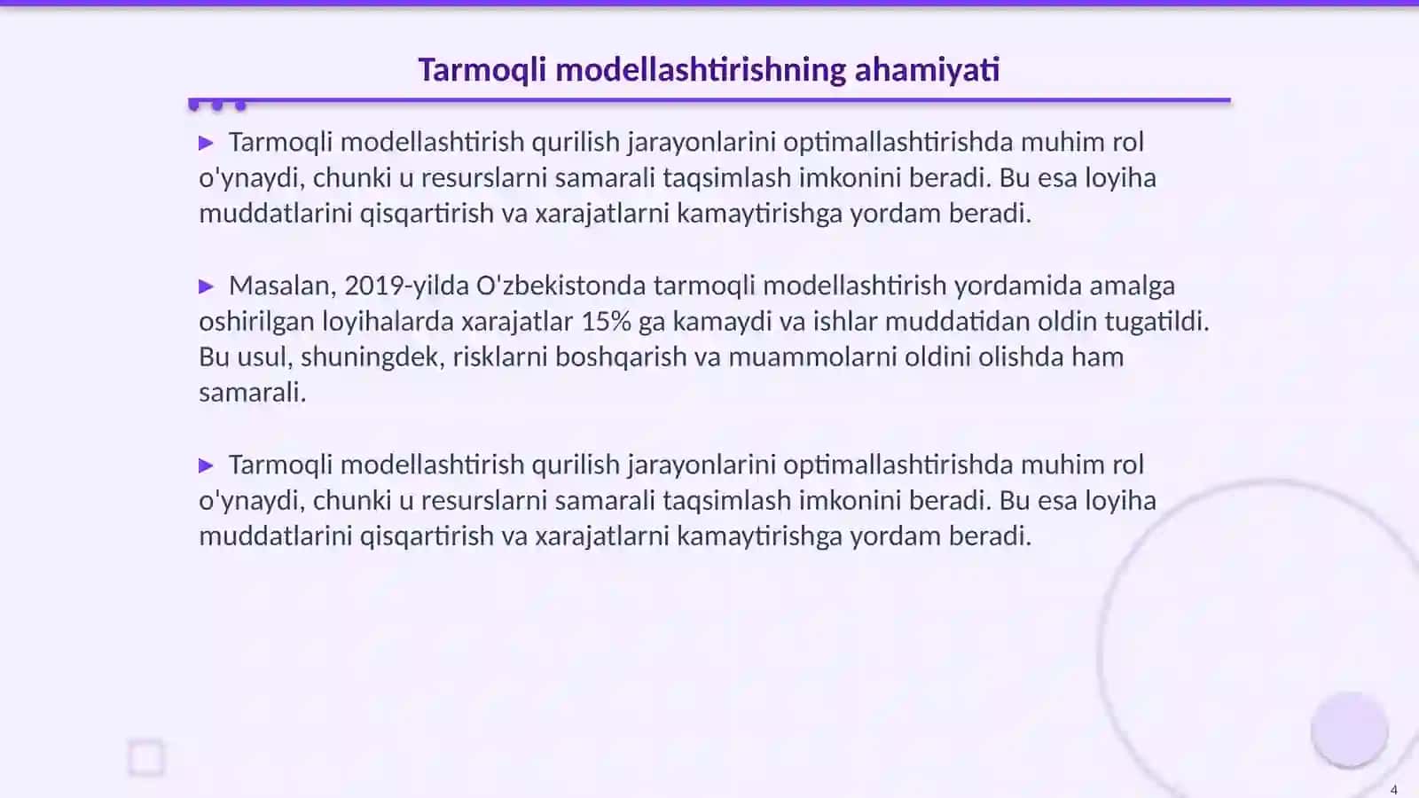 Qurilish tashkilotlari faoliyatida tarmoqli modellashtirishdan foydalanish 4