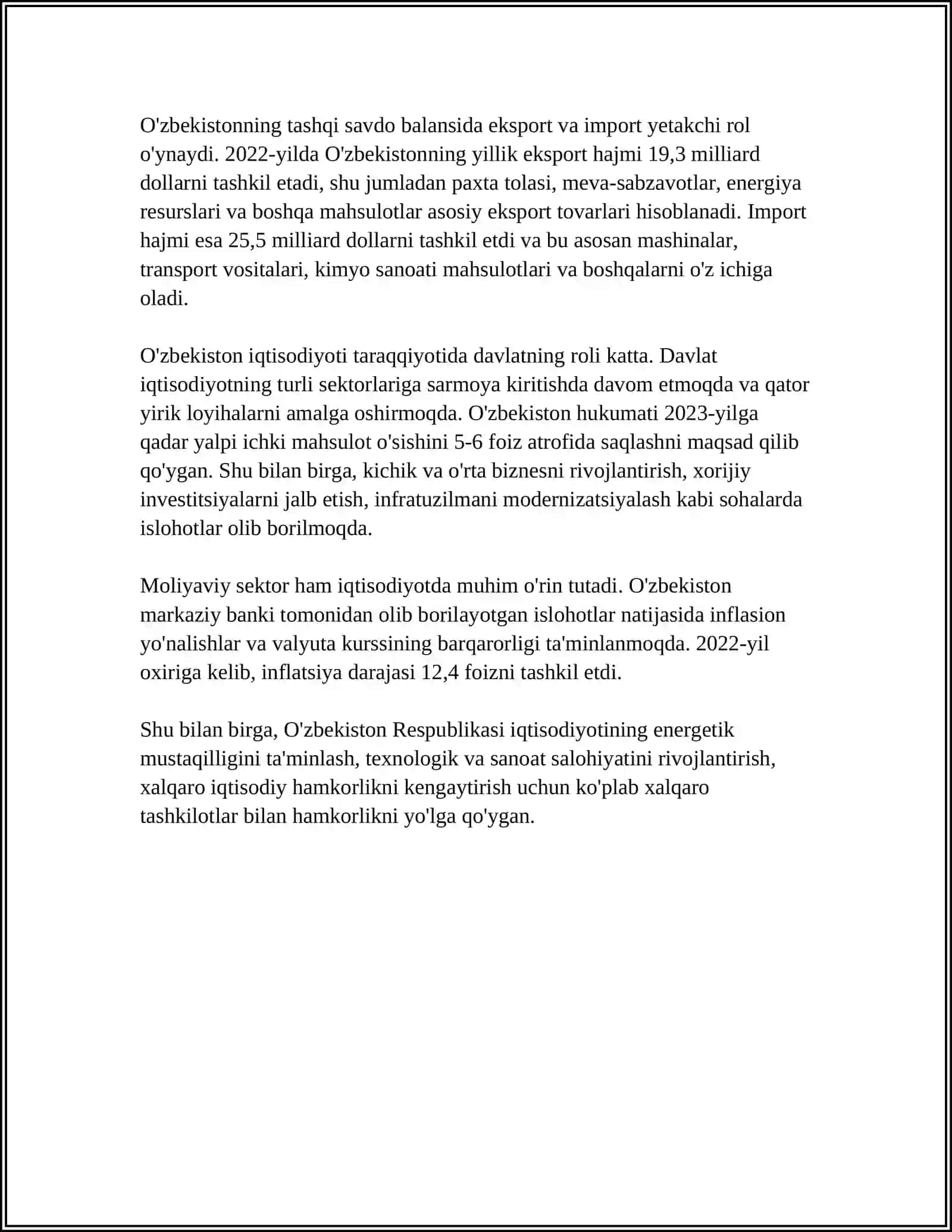 MUSTAQIL ISH Mavzu: O'ZBEKISTON RESPUBLIKASINING IQTISODIY TIZIMI.XUSUSIY MULKNING DAXLSIZLIGI HAMDA DAVLAT TOMONIDAN MUHOFAZA QILINISHI 4