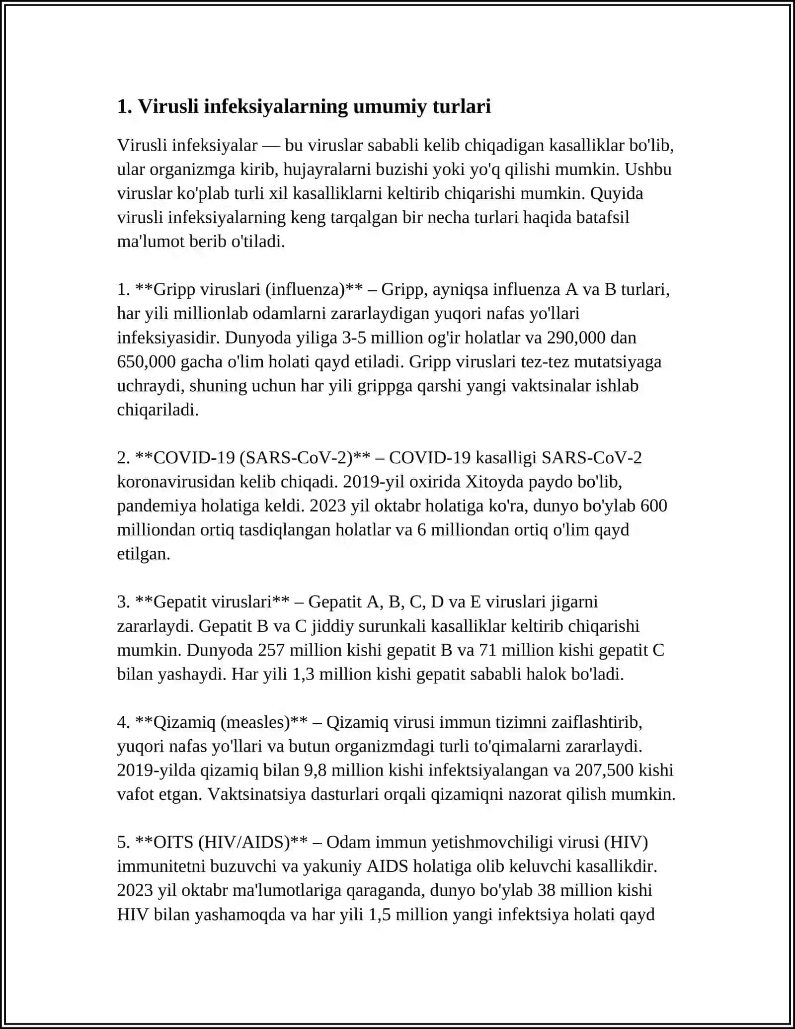 VIRUSLI INFEKSIYALAR.ODAM IMMUNTANQISLIK VIRUSI. TOJSIMON VIRUS(COVID19) EPIDEMIOLOGIYA VA PROFILAKTIKASI 4