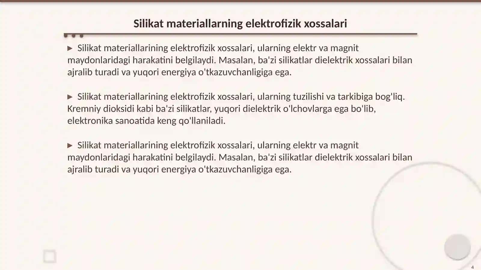 Silikat materiallarning elektrofizik xossalari. Metallar va nometallar 4