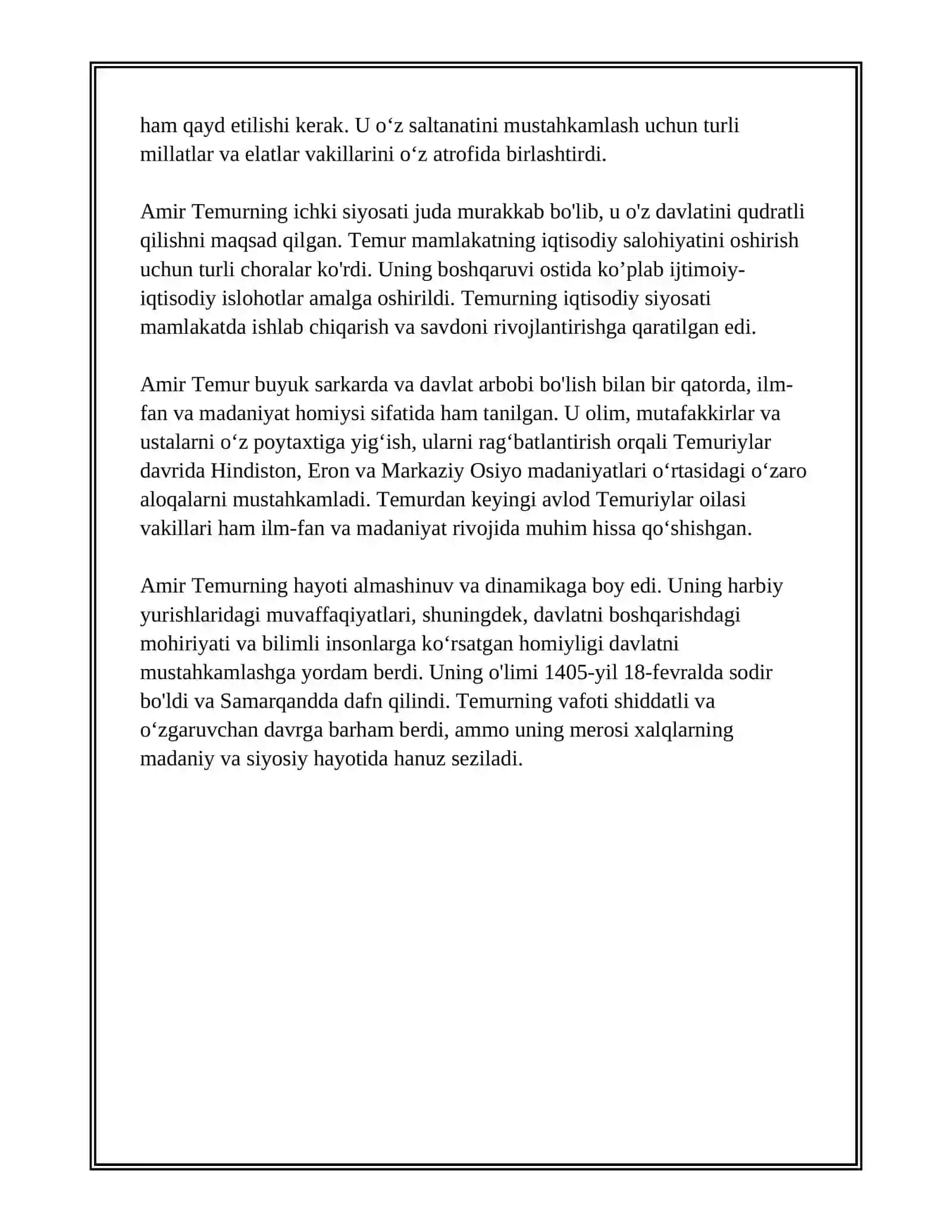AMIR TEMUR O'RTA ASRNING YIRIK DAVLAT ARBOBI, BUYUK SARKARDA, KUCHLI, MARKAZLASHGAN DAVLAT ASOSCHISI 4