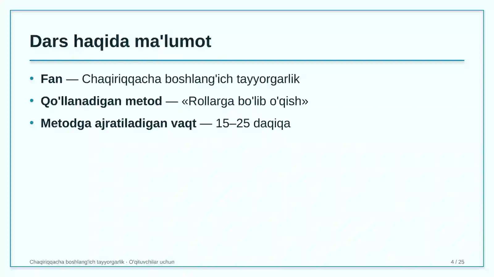 chaqiriqqacha boshlang'ich tayyorgarlik darslarida rollarga bo'lib o'qish metodidan foydalanish 7008 4