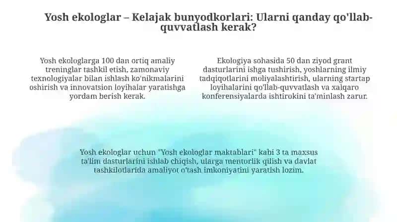 Ekologik holatni yaxshilash ekolog yoshlarni koʻpaytirish va ekologik investitsiyalarni jalb etish 4