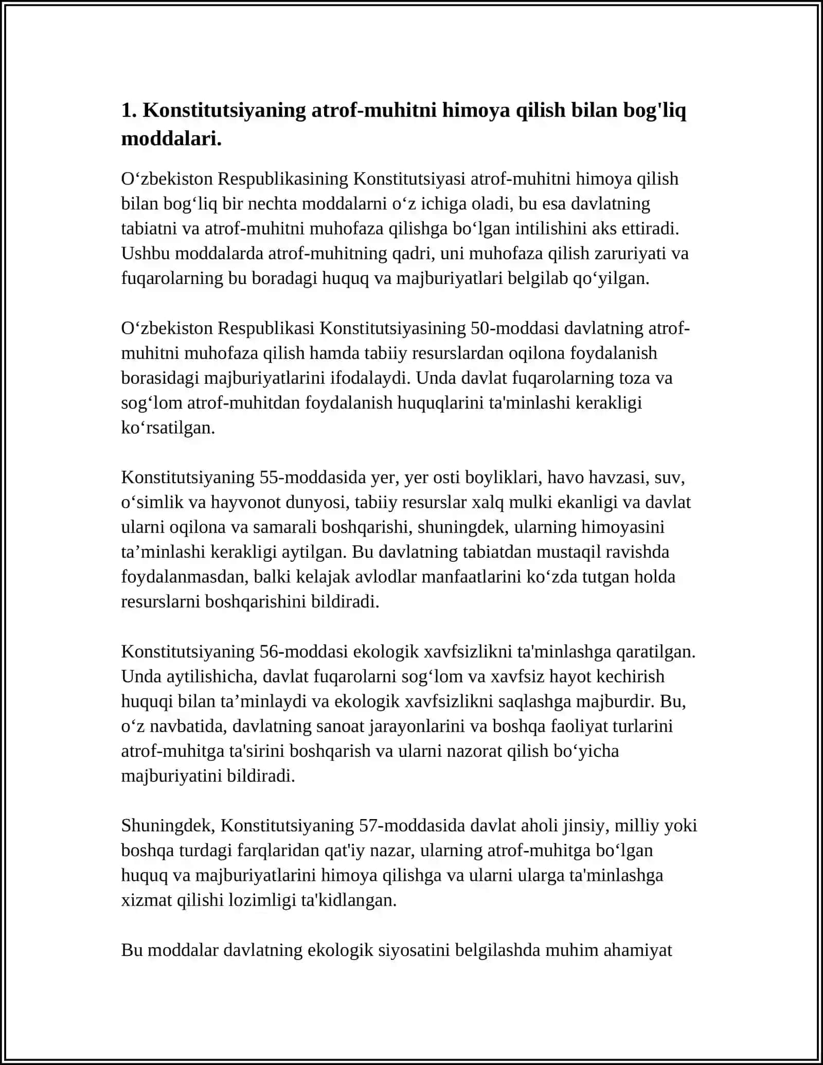KONSTITUTSIYA QAYSI MODDALARIDA TABIATNI ASRASHGA DOIR QONUNLARNI O'RGANISH TAHLIL QILISH. PREZIDENT QARORLARINI O'RGANISH. OLIY MAJLIS TOMONIDAN CHIQARILGAN TABIATNI MUXOFAZA QILISHGA DOIR QONUNLARNI O'RGANISH 4