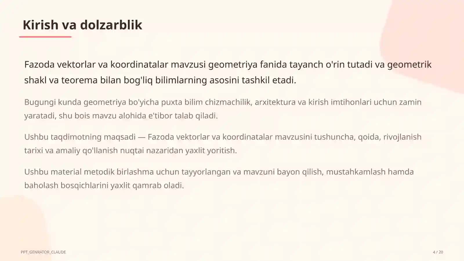 Fazoda vektorlar va koordinatalar (11-sinf) 4