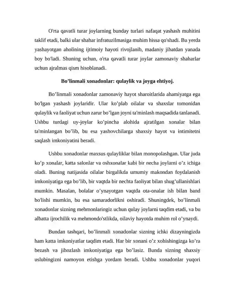 O’rta qavatli turar joylarni tipologiyasi. (3; 2 va 1 xonali,   bo’linmali, ko’p xonadonli, 5 qavatli, yerto’lali 4