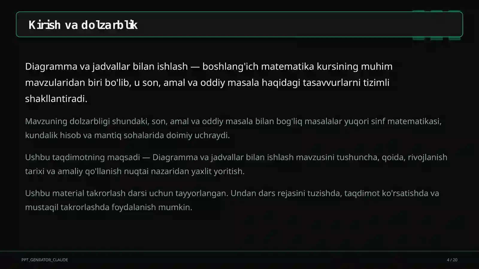 Diagramma va jadvallar bilan ishlash (4-sinf) 4