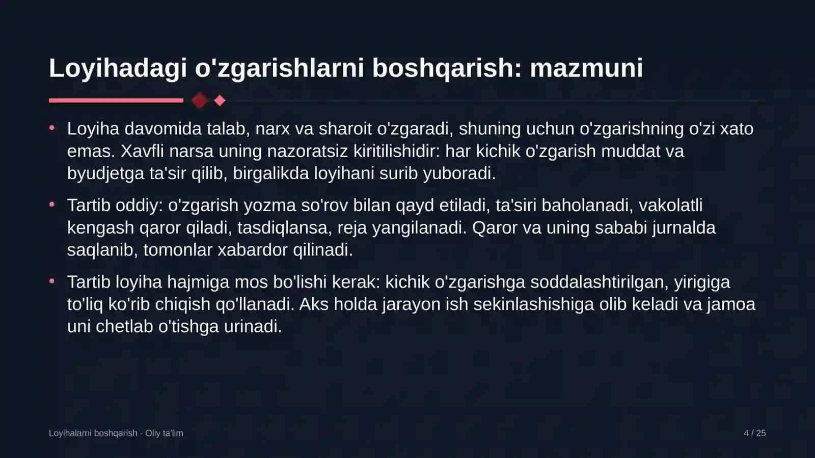 to'yxonalarda loyihadagi o'zgarishlarni boshqarish 9093 4
