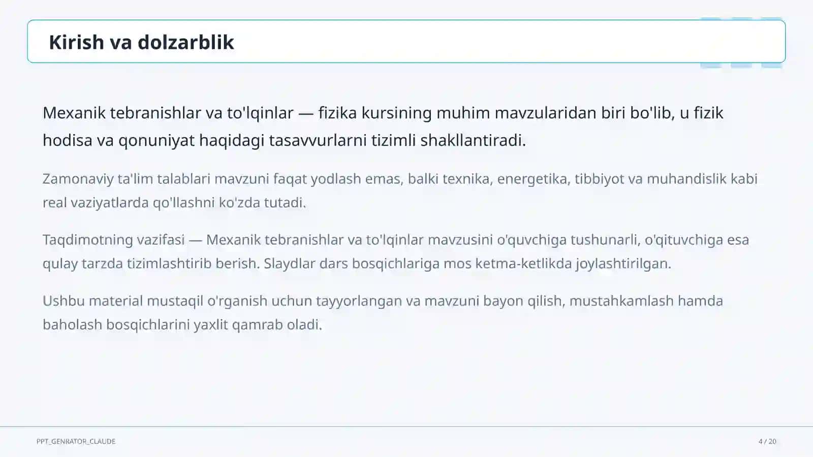 Mexanik tebranishlar va to'lqinlar (9-sinf) 4