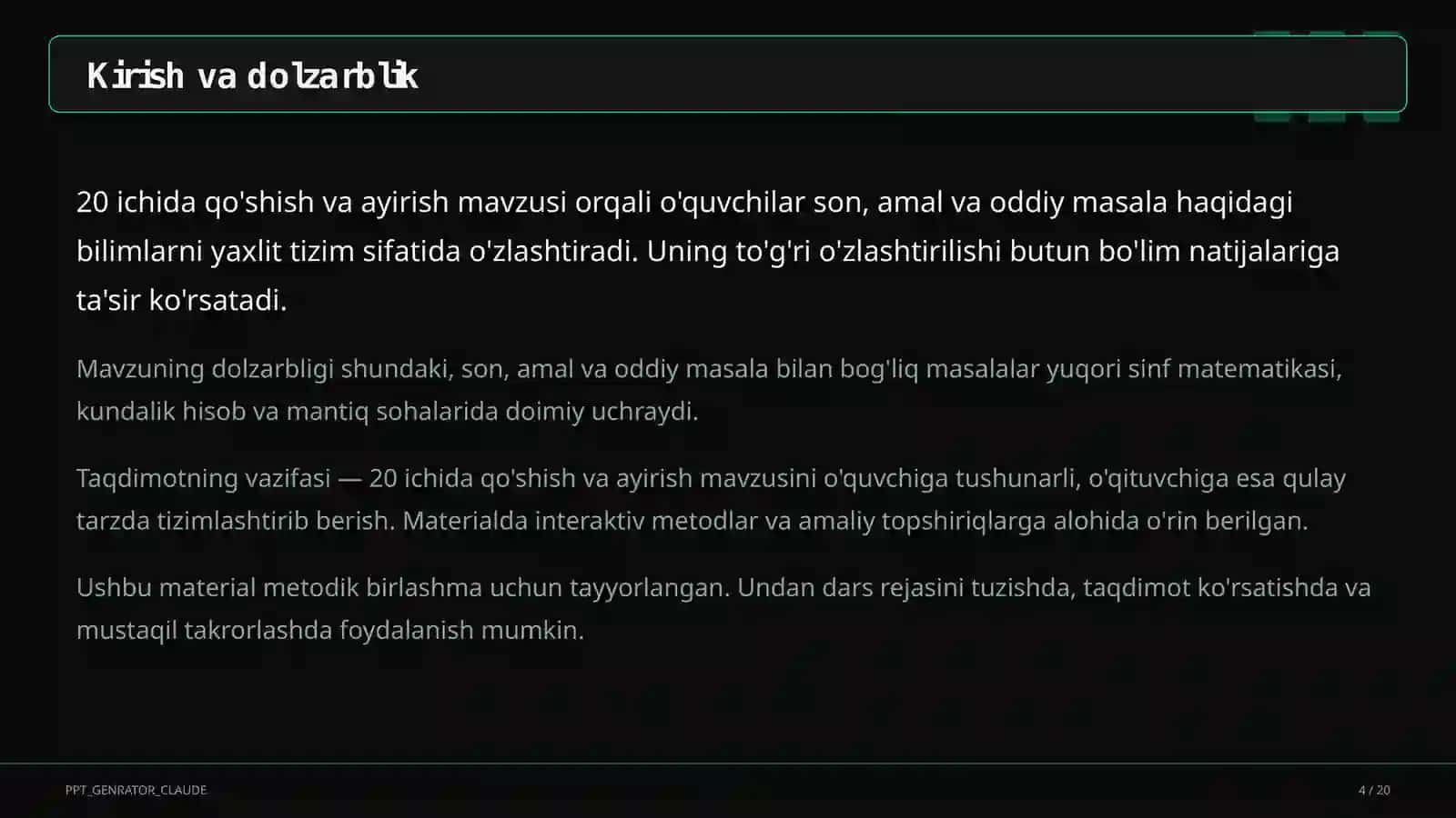 20 ichida qo'shish va ayirish (1-sinf) 4