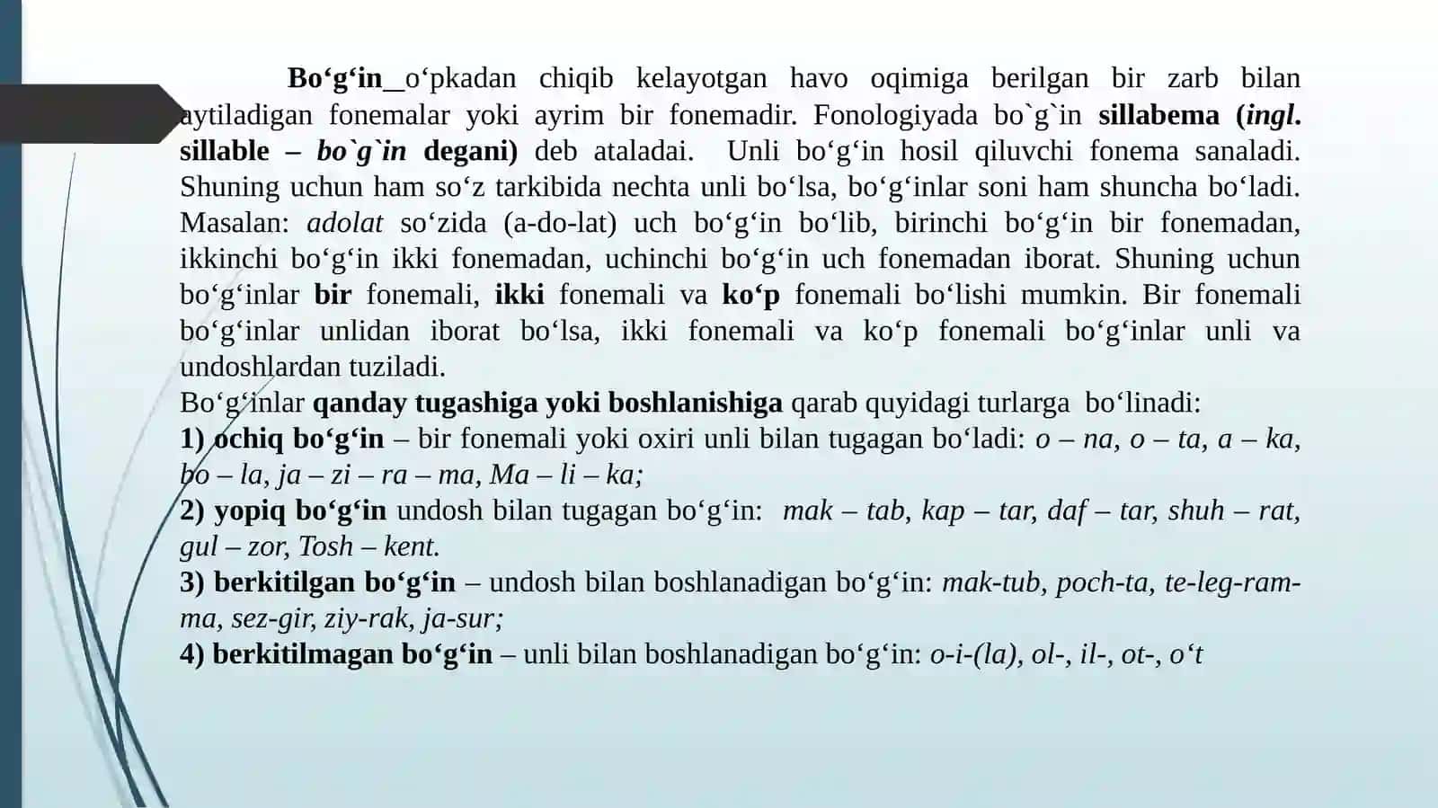 NUTQNING FONETIK BO‘LINISHI: FRAZA, TAKT, FONETIK SO’Z, BO’G‘IN, TOVUSH. URG‘U VA UNING TURLARI 4