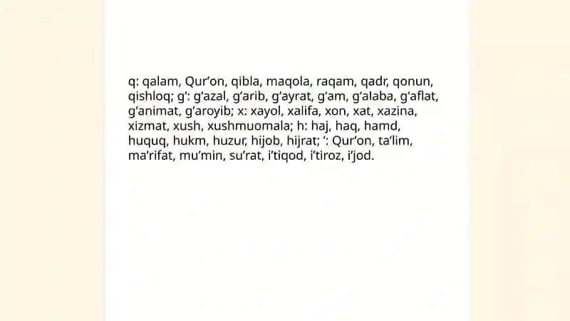 Oʻzbek tiliga xos boʻlmagan tovushlarni ifodalovchi harflar ishtirok etgan soʻzlarni yozish 4