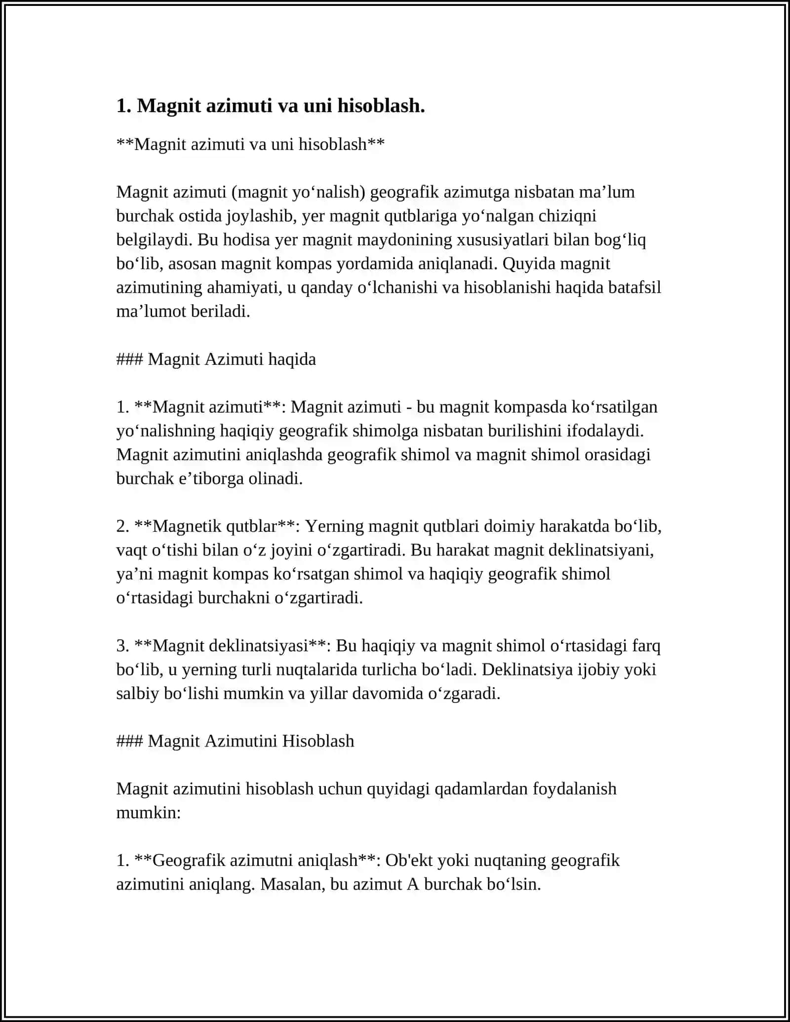 ORIYENTIRLASH (YÕNALTIRISH ). JOYDA CHIZIQ YÕNALISHI. HAQIQIY VA MAGNIT AZIMUTI. DIRIKSONAL BURCHAK VA RUMP 4