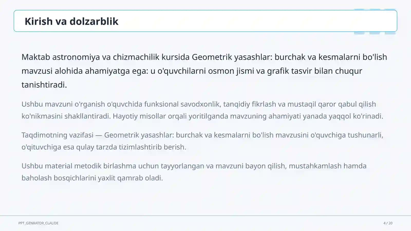 Geometrik yasashlar: burchak va kesmalarni bo'lish (8-sinf) 4
