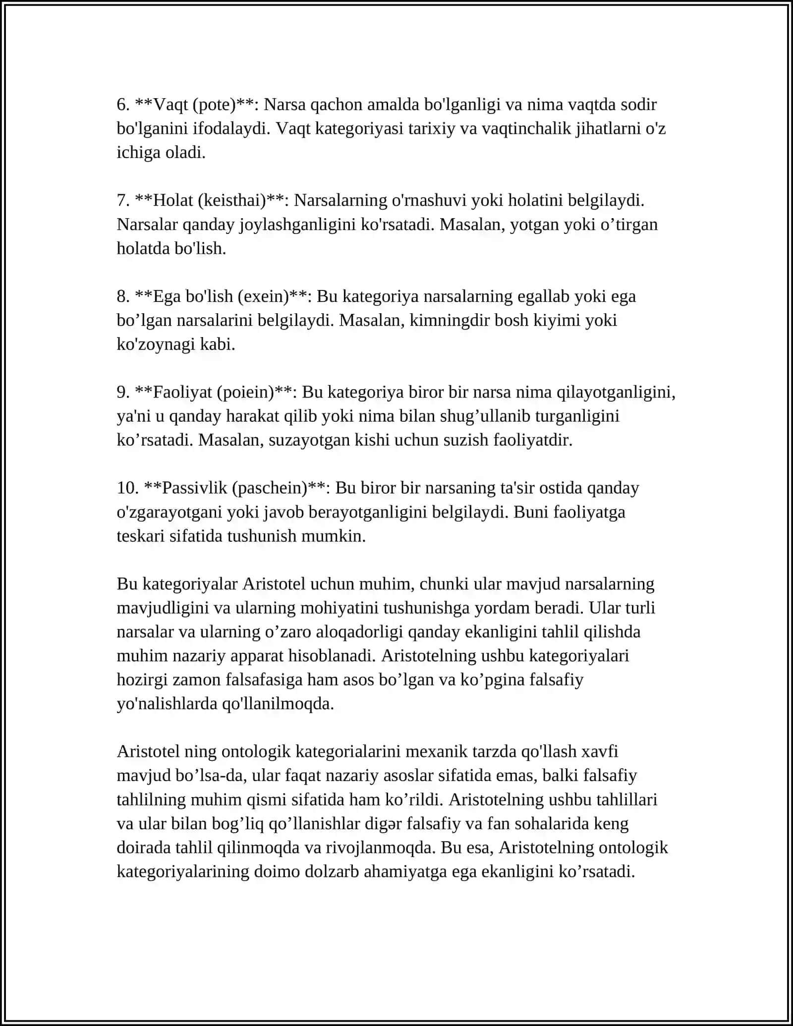 ARISTOTEL, FAROBIY VA KANTNING ONTOLOGIYASIDA KATEGORIYALAR TASNIFINI QIYOSIY ETISH VA FARQINI ANIQLASH 4