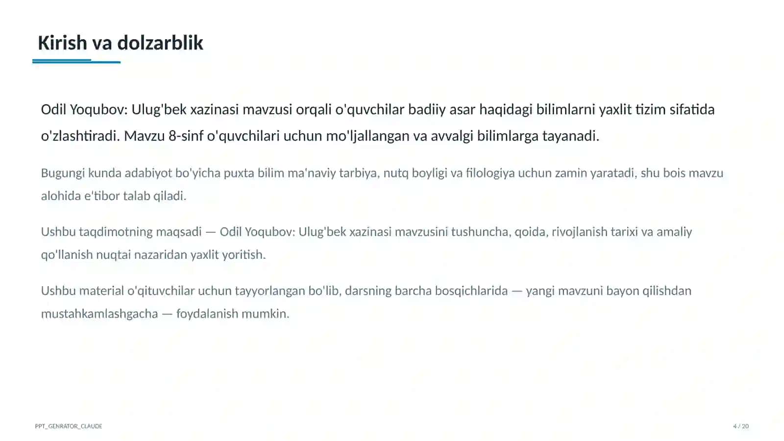Odil Yoqubov: Ulug'bek xazinasi (8-sinf) 4