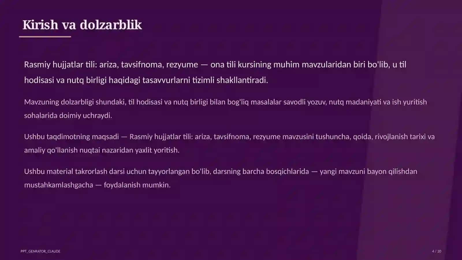 Rasmiy hujjatlar tili: ariza, tavsifnoma, rezyume (11-sinf) 4