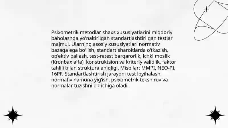 SHAXS PSIXODIAGNOSTIKASIDA QO'LLANILADIGAN METODIKALAR TASNIFI 4