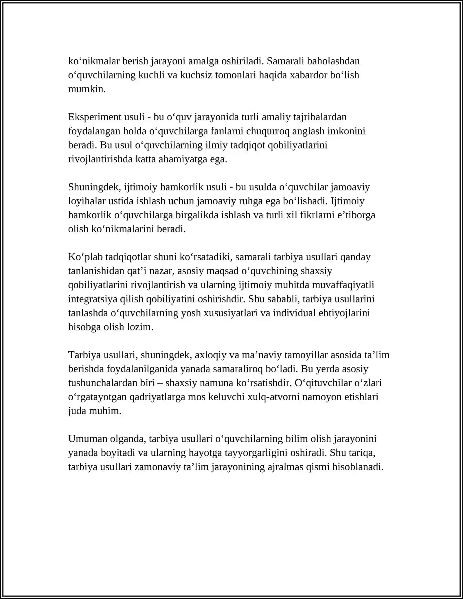 MUSTAQIL ISH Mavzu: TARBIYA USULLARI VA SHAKLLARI. TARBIYA USULLARINI TANLASHGA QO’YILADIGAN TALABLAR 4