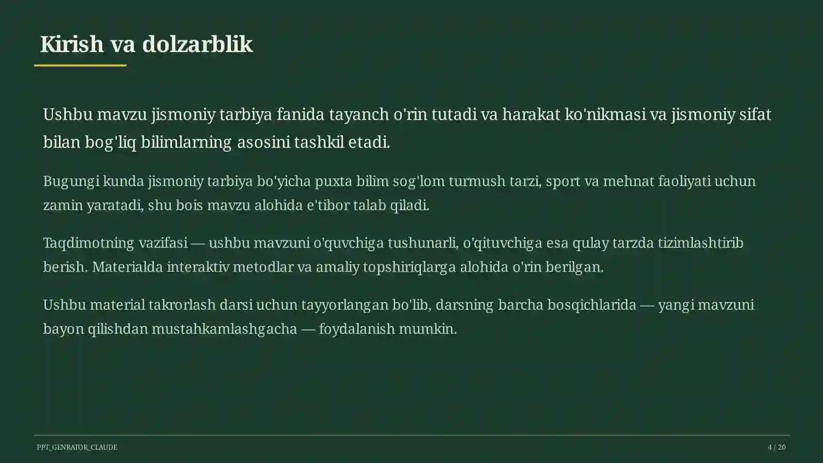 Jismoniy tarbiya (1–11) — takrorlash darsi 4