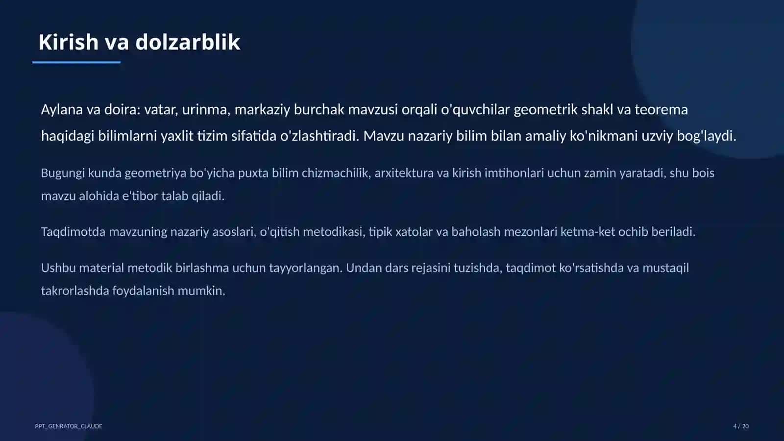 Aylana va doira: vatar, urinma, markaziy burchak (8-sinf) 4