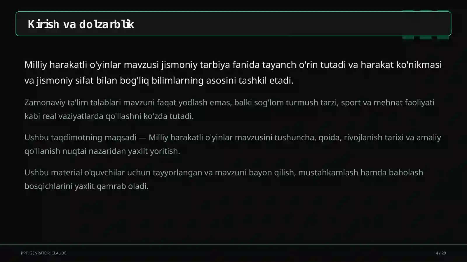 Jismoniy tarbiya (1– 11) — o'quvchilar uchun 4