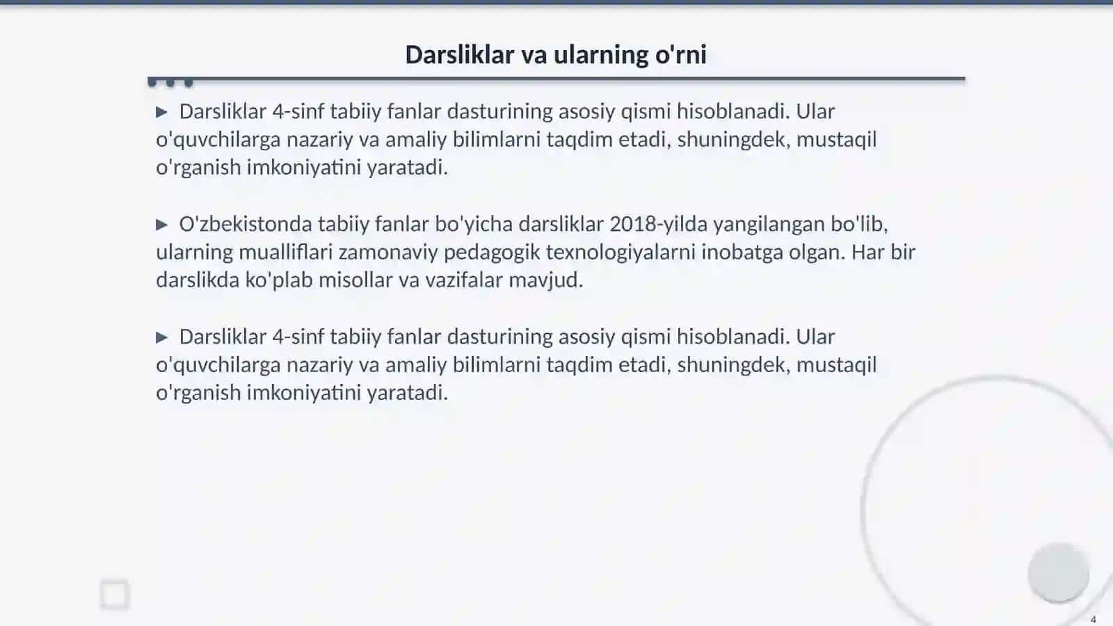 4- Sinf Tabbiy fanlar dasturi va darsligini o'rganish darsni kuzatish va tahlil qilish 4