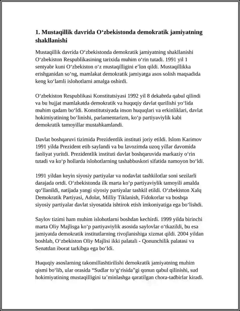 O‘ZBEKISTONDA DEMOKRATIK, FUQAROLIK JAMIYATI ASOSLARINING SHAKLLANISHI, AMALGA OSHIRILGAN SIYOSIY ISLOHOTLAR 4