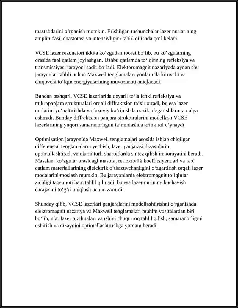 VCSE LAZERLARI PANJARALARINI MODELLASHTIRISHNI OʻRGANISH 4