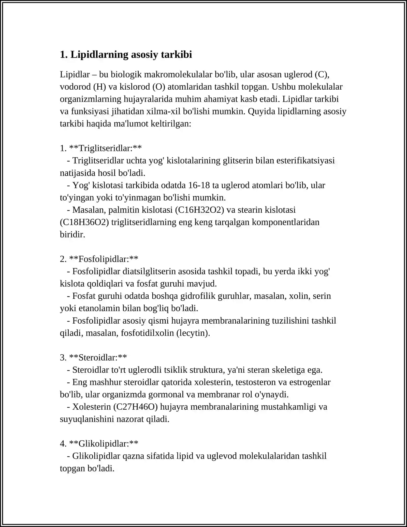 LIPIDLARNING TARKIBI KLASSIKATSIYASI VA ULARNING XOSSALARI BIOLAGIK FUNKSIYALARING BOĞLIQLIGI 4
