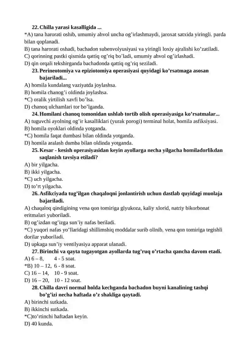AKUSHERLIK VA GINEKOLOGIYADA HAMSHIRALIK ISHI FANIDAN TEST SAVOLLARI 4