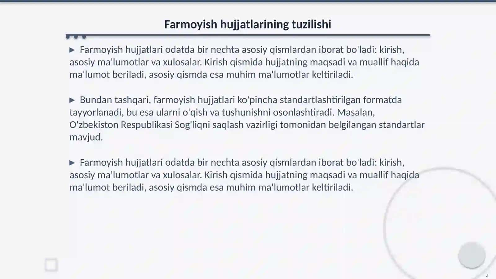 Tibbiyotga doir farmoyish hujjatlarining xususiyatilari 4