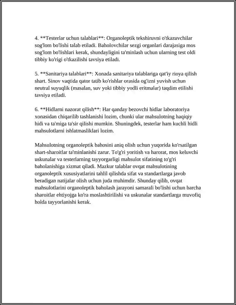 OVQAT MAHSULOTINI ORGANALEPTIK TEKSHIRISH SHAROITI VA HAJMI 4