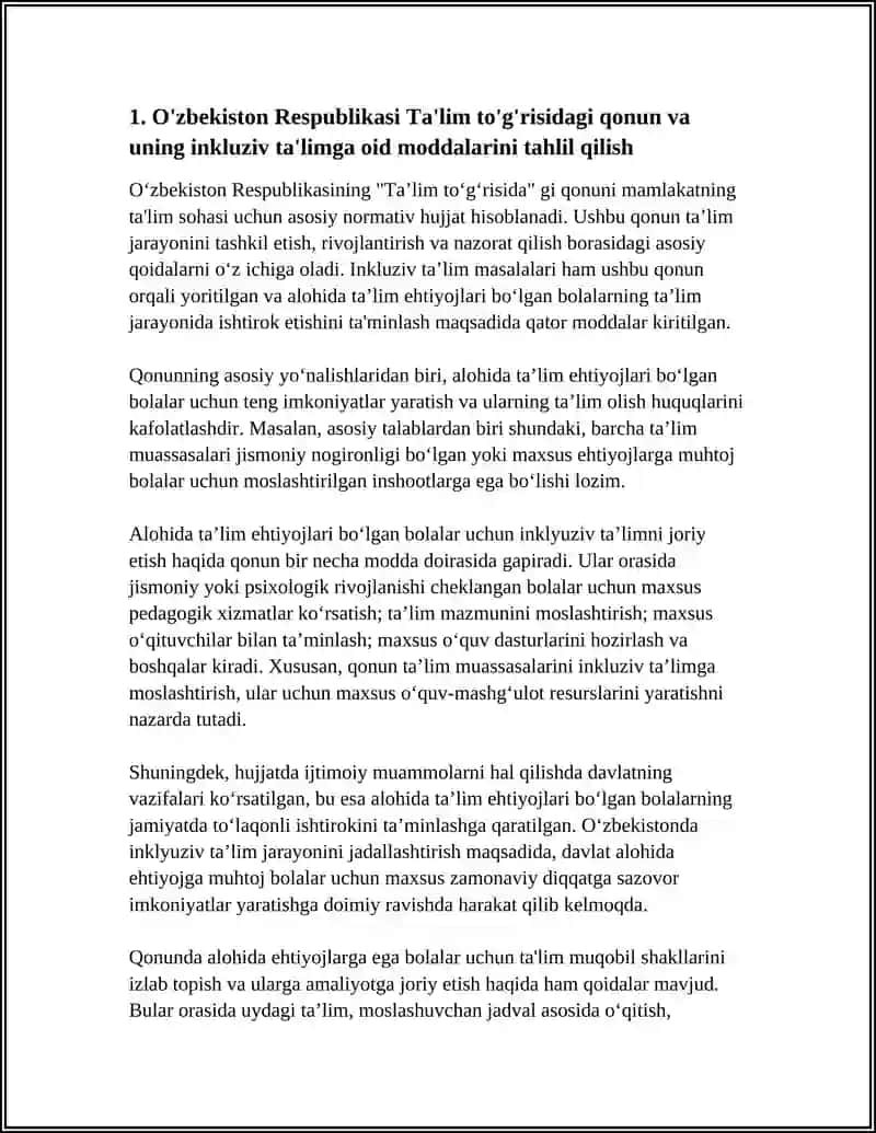 ALOHIDA TA'LIM EHTIYOJLARI BO'LGAN BOLALARNI INKLYUZIV TA'LIM JARAYONINING ME'YORIY HUJJATLARINI TAHLIL ETING 4