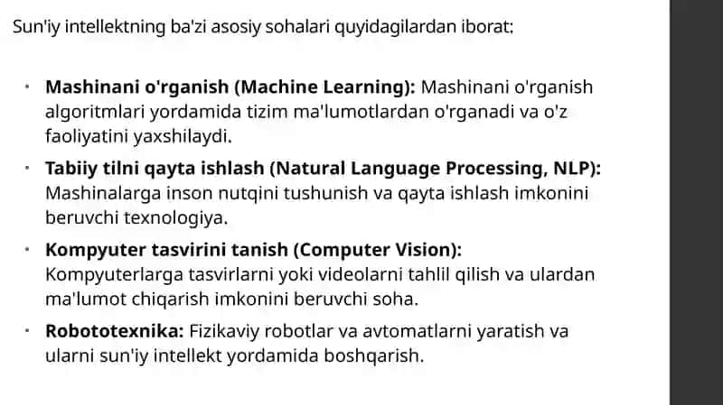 Sun’iy intellect va mashinanio’rganish: AI asoslari, mashinanio’rganish algoritmlari va ularning amaliyotdagi qo’llanilishi 4