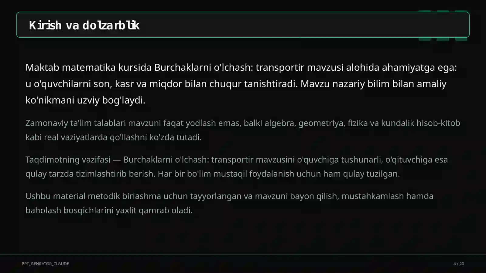 Burchaklarni o'lchash: transportir (5-sinf) 4