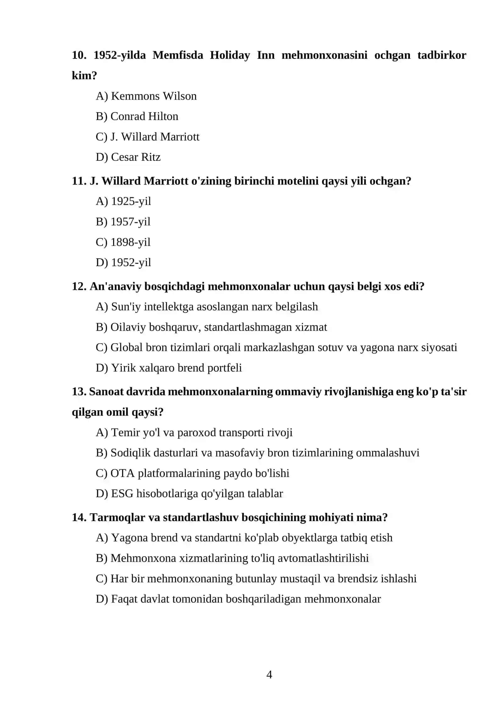 Xalqaro mehmonxona menejmenti test topshiriqlari 4