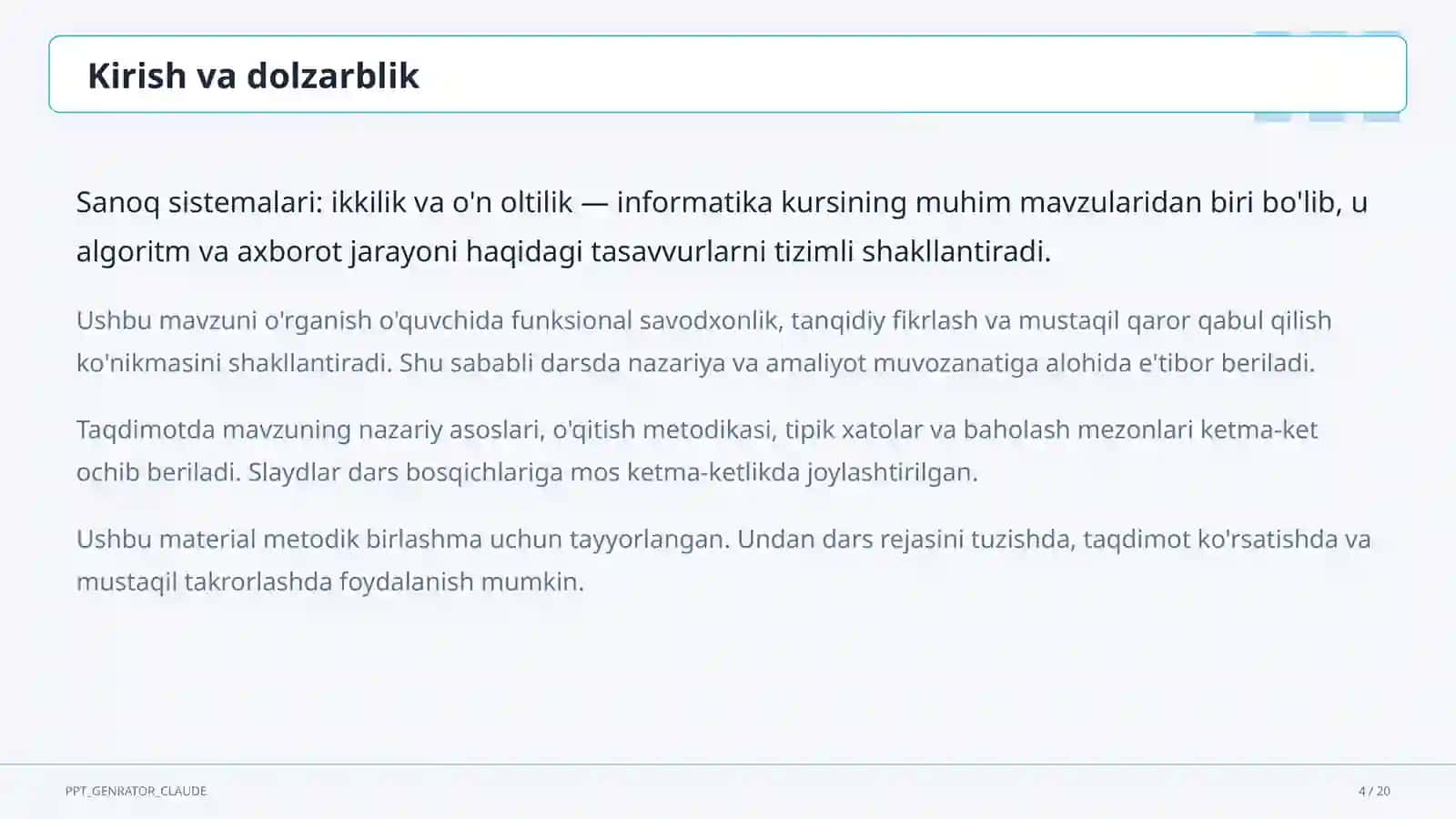Sanoq sistemalari: ikkilik va o'n oltilik (7-sinf) 4