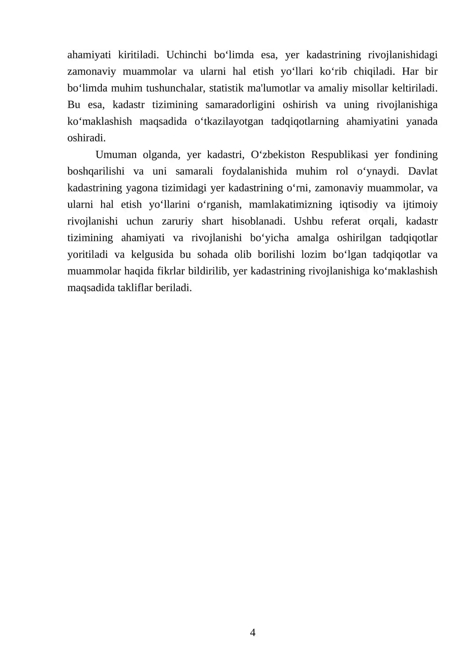 Davlat kadastrining yagona tizimida yer kadastrining o‘rni, vazifasi va ahamiyati 4