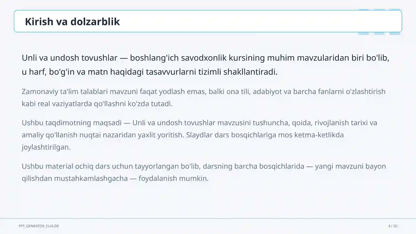 Boshlang'ich sinf: Ona tili va o'qish (1–4) — ochiq dars uchun 4