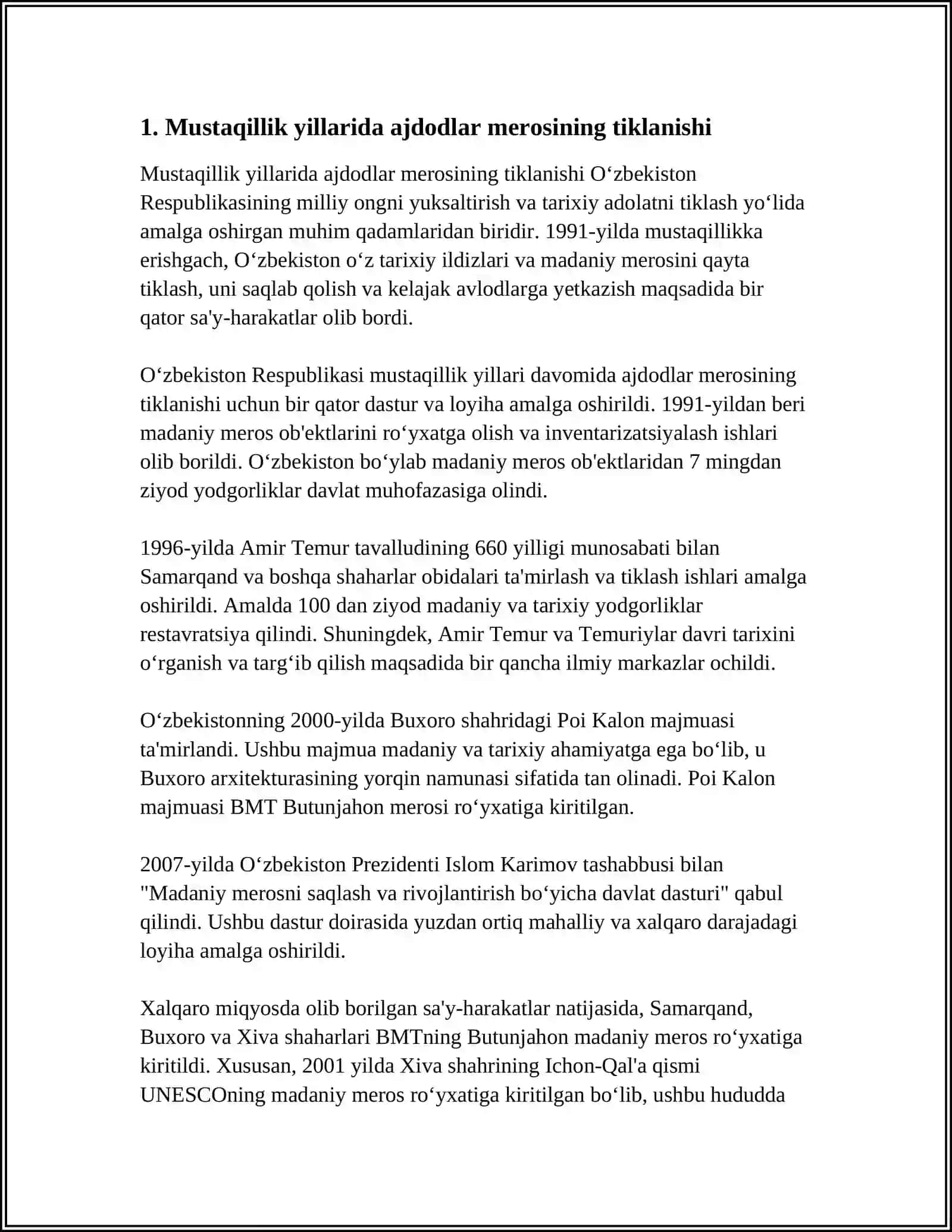 MUSTAQIGLLIK YILLARIDA AJDODLAR MEROSI MILLIY QADIRIYATLARNI TIKLASH HAMDA BUYUK AJDODLAR VA TARIXIY SHAXSLARGA BULGAN EʼTIBOR 4