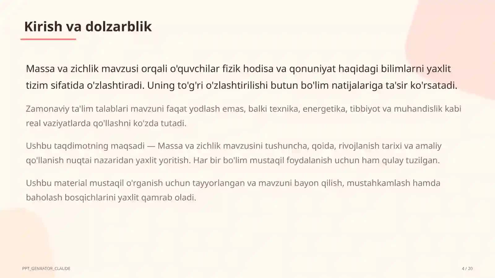 Massa va zichlik (6-sinf) Fizika (6–11) — mustaqil o'rganish uchun 4