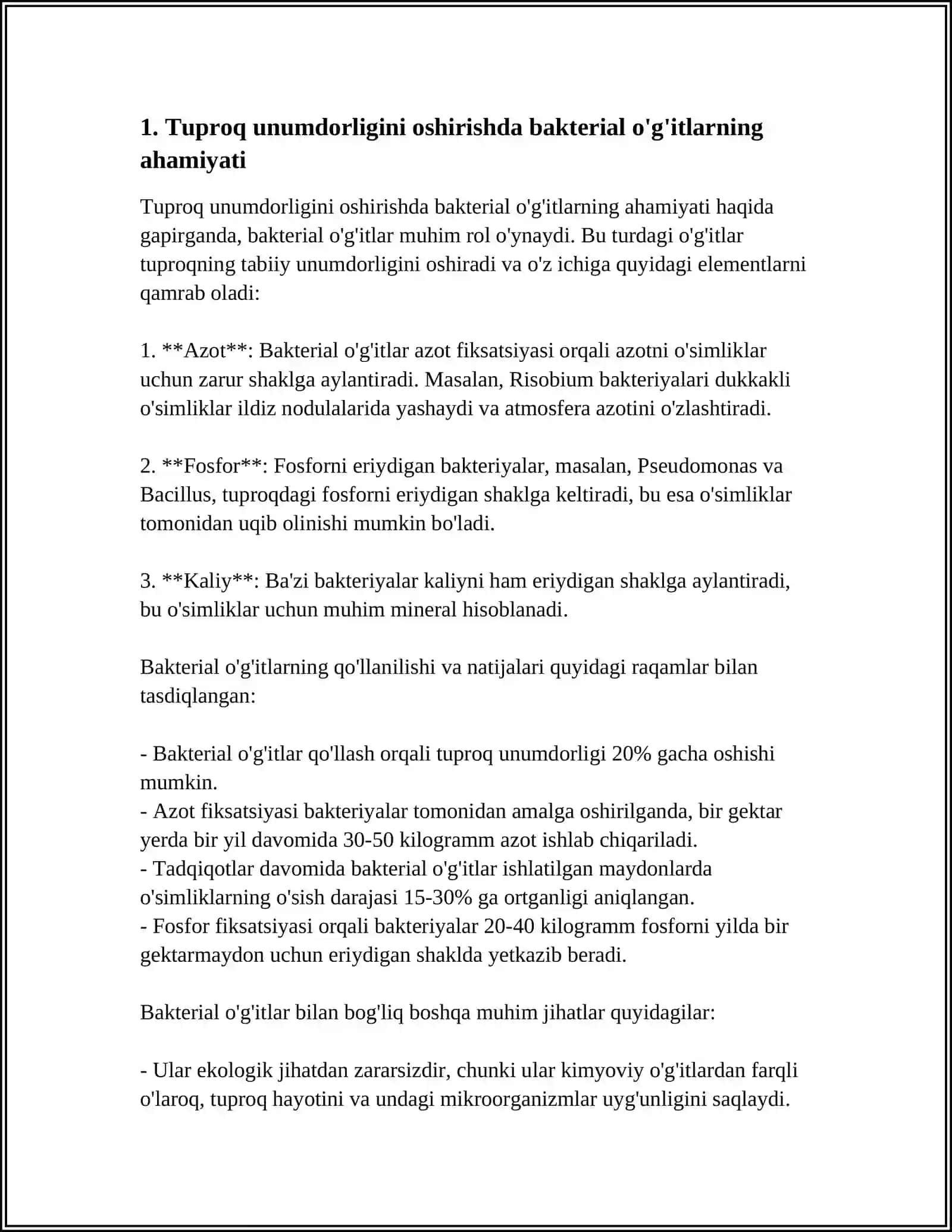 TUPROQ UNUMDORLIGINI OSHIRISHDA BAKTERIOLOGIK O'G'ITLARNI QO'LLASH HAMDA MAZKUR O'G'ITLARNI MADANIY O'SIMLIKLARNI BIONAZORAT QILISHDAGI O'RNI BO'YICHA OLIB BORILGAN ISHLARNI TAHLIL QILISH VA OLINGAN NATIJALAR 4