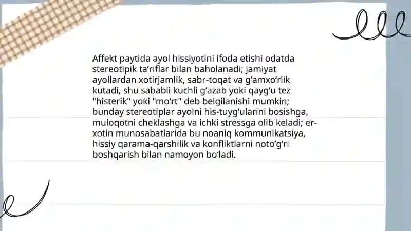Affekt holatidagi er-xotin munosabatlarida gender rollari va gender streotiplarining namayon boʻlishi 4