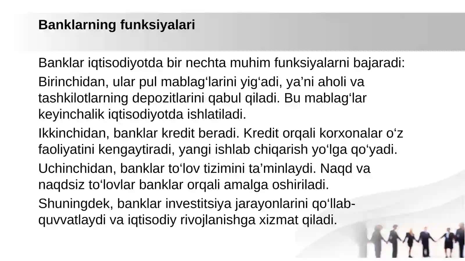 Banklar va ularning bozor iqtisodiyotidagi roli. Pul muomalasi, kredit va banklar 4