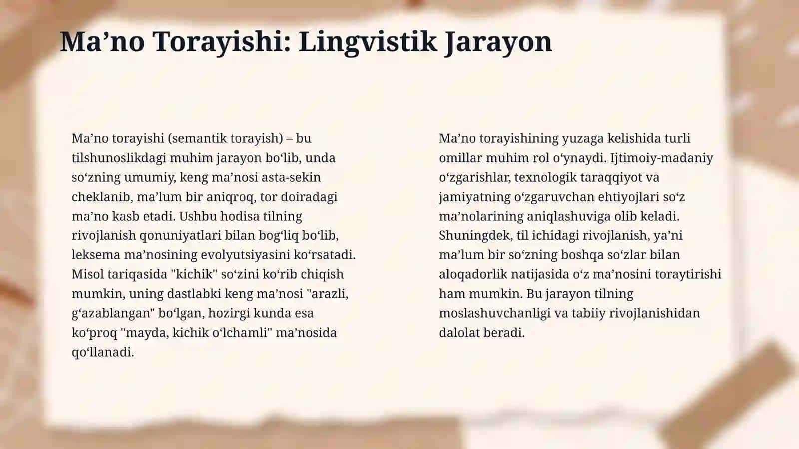 Soʻzning maʼnoviy taraqqiyoti. Leksema  maʼnosining torayishi va kengayishi 4