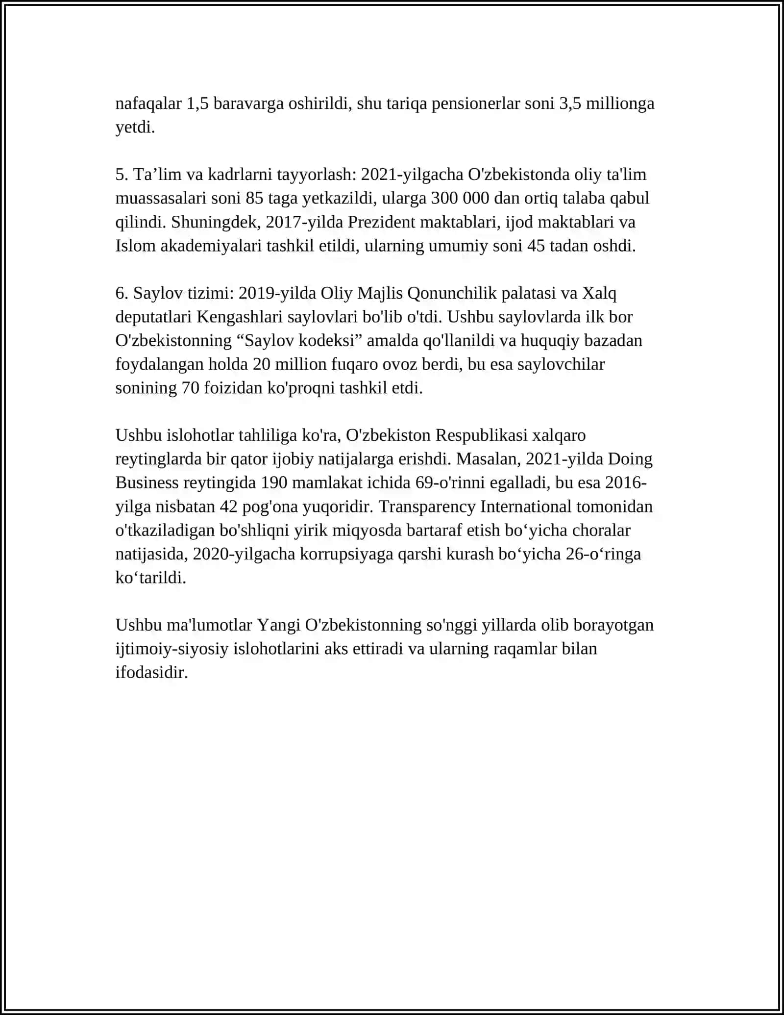 YANGI OZBEKISTON IJTIMOIY-SIYOSIY IQDISODIY VA MADANIY HAYOTIDA ROY BERAYOTGAN OZGARISHLARNING XALQARO REYTING VA INDEKSLARDA AKS ETISHI 4