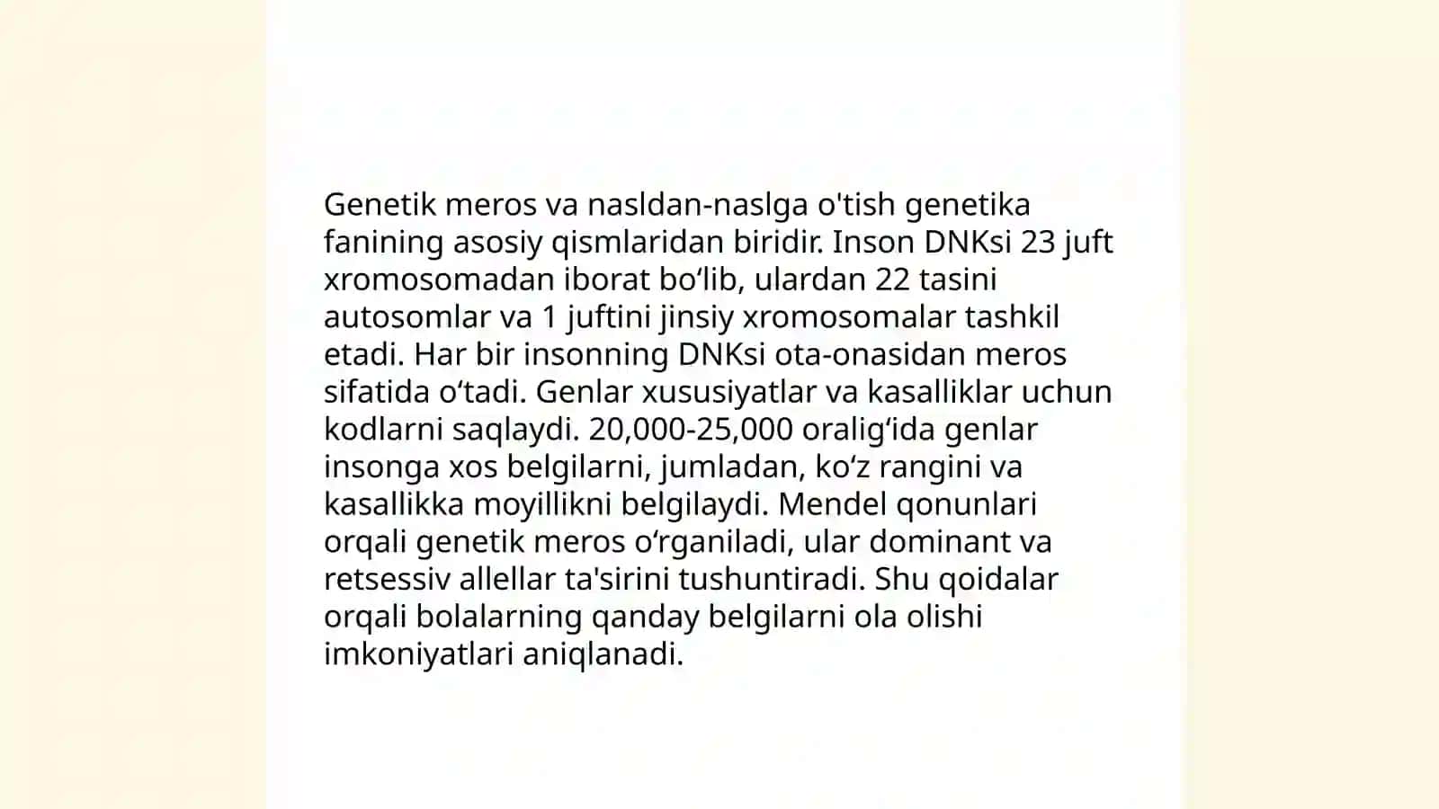 Irsiyat va irsiy kasalliklar. Nerv tizimining sistemalari ahamiyati va gigiyenasi 4