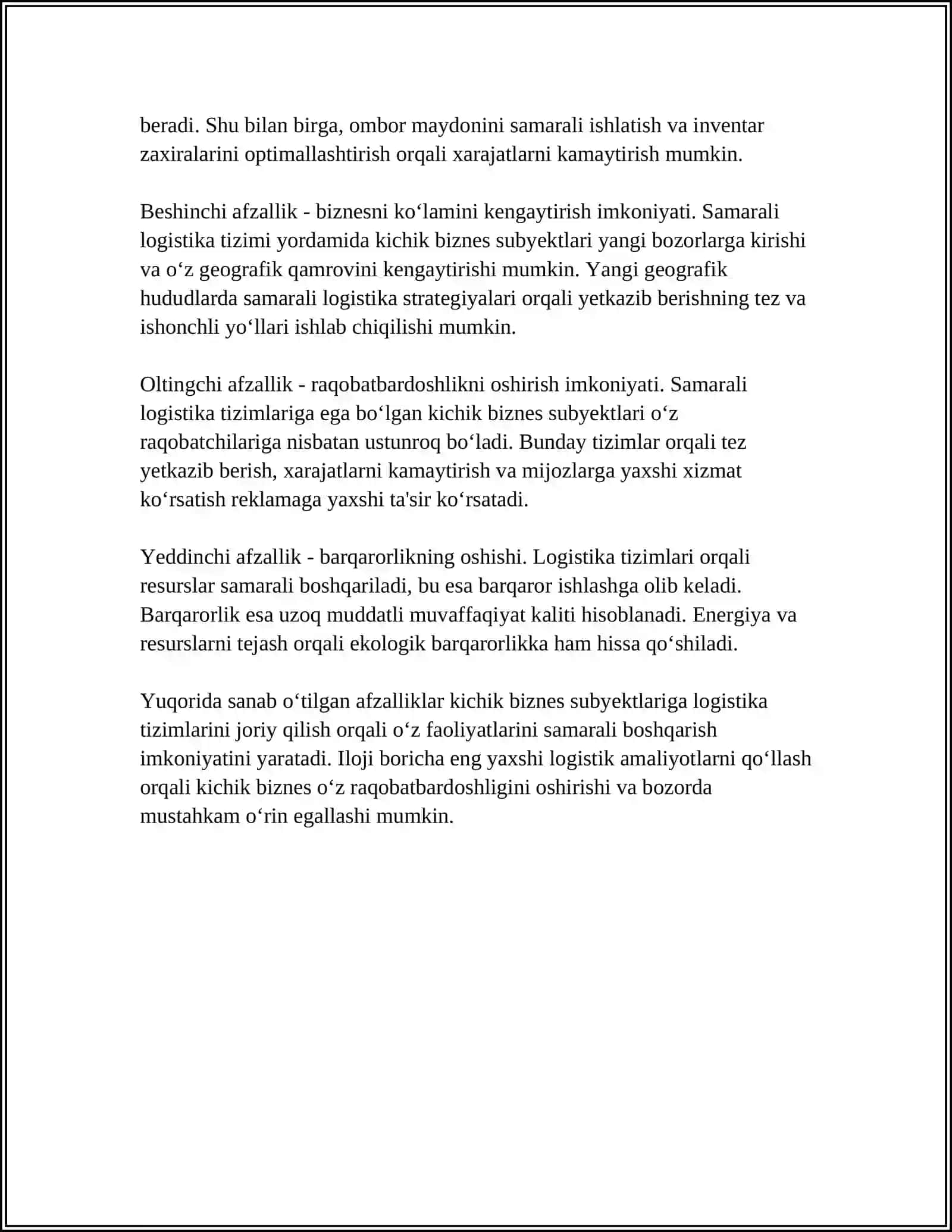 KICHIK BIZNES SUBYEKTLARI UCHUN LOGISTIK TIZIMLARINI LOYIHALASHNING O'ZIGA XOS XUSUSIYATLARI 4